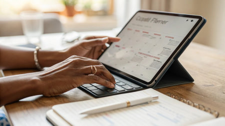 Close-up of a businesswoman using a digital tablet and a calendarの写真素材