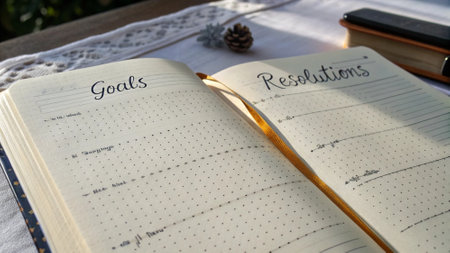 Notebook and pen on the table in the garden. The inscription is written in English.