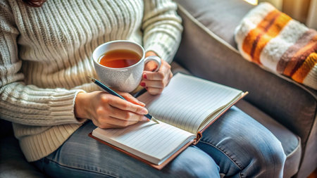 Woman with cup of tea and notebook sitting on sofa at home.の写真素材
