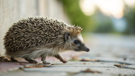Hedgehog on the street. Wild, native, European hedgehog (Scientific name: Erinaceus Europaeus)の写真素材