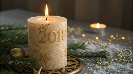 Burning candle with the inscription 2016 on the background of Christmas decorationsの写真素材