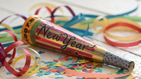 Colorful party decoration and confetti on a white wooden background.の写真素材