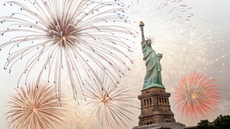 Fireworks over the Statue of Liberty.の写真素材