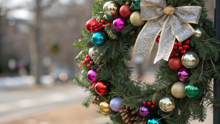 Christmas wreath on the street. Blurred background, bokeh.の写真素材