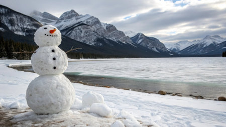 Snowman in front of Lake Louise in Banff National Park, Canadaの写真素材