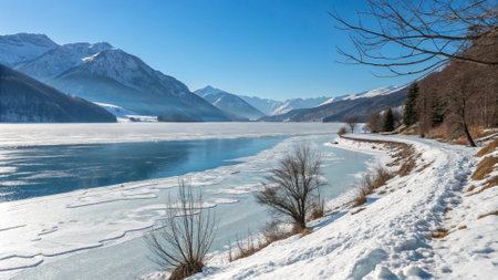 Beautiful winter landscape with frozen lake and snow-capped mountainsの写真素材
