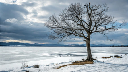 Lonely tree on the shore of a frozen lake under a cloudy skyの写真素材