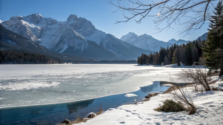 Beautiful winter landscape with frozen lake and mountains in the background.の写真素材