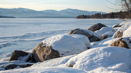 Winter landscape with frozen lake and mountains in the background, Karelia, Russiaの写真素材