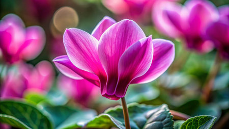 Pink cyclamen flower blooming in the garden, selective focus.の写真素材
