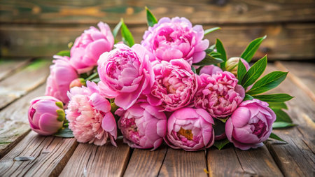Bouquet of pink peonies on a wooden background, selective focusの写真素材