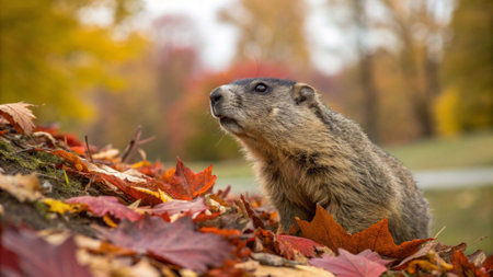 Alpine Marmotota marmota, in autumn leavesの写真素材