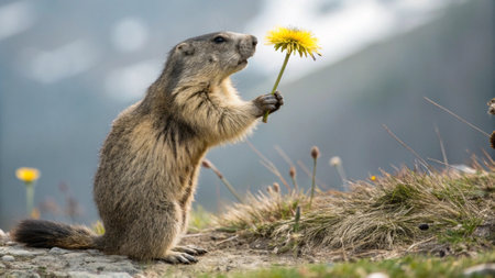Alpine marmot (Marmota marmota) with dandelionの写真素材