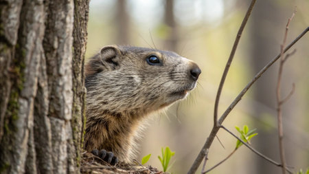 Marmot in the spring forest. Marmot on the tree. Marmot in the spring forest. Marmot in the spring forest. Marmot in the spring forest. Marmot in the spring forest.の写真素材
