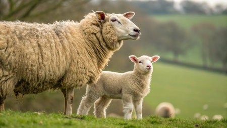 Sheep and lambs in a field in springtime, UK