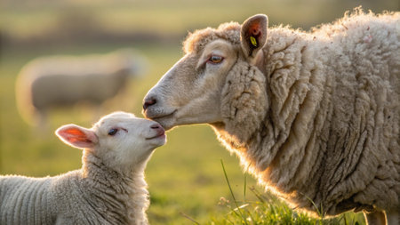 Sheep and lamb in a meadow in spring, UK.