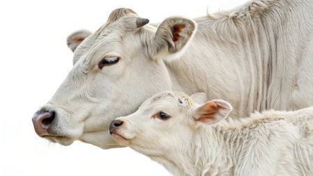 Close-up of two cows looking at each other on white backgroundの写真素材