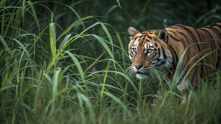 Close up of a tiger in the grass, Panthera tigris altaica
