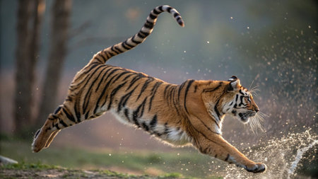Siberian Tiger running in the jungle. Wildlife scene from nature.
