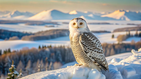 Snowy owl in the mountains at sunset. Beautiful winter landscape.の写真素材