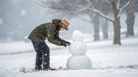 A snowman being built in a park on a snowy winter day.の写真素材