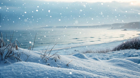 Winter landscape with frozen lake and snowflakes. Beautiful winter backgroundの写真素材