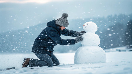 Building a snowman in winter forest. Christmas and New Year concept.