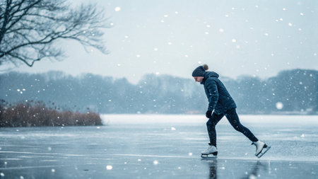A person skating on a frozen lake on a snowy winter day.の写真素材