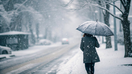 Person with umbrella walking on the street during heavy snowfall in winterの写真素材
