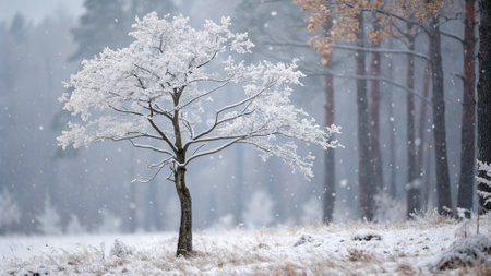 Frozen tree in the forest during a snowfall. Winter landscapeの写真素材