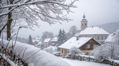Winter in the swiss alps with snow covered houses and churchの写真素材
