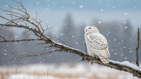 Snowy owl (Bubo scandiacus) sitting on a tree in winterの写真素材