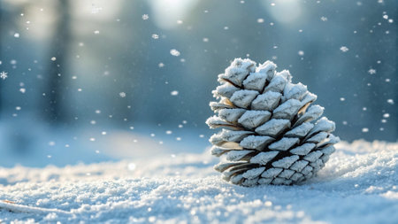 Pine cone in the snow. Winter background. Christmas background.の写真素材