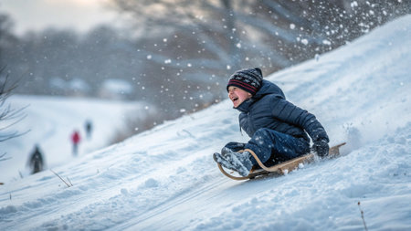 Little boy sledding down a snowy hill. Winter fun for kids.の写真素材