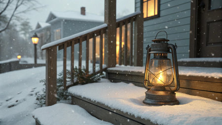 Vintage lantern on the porch of a house during a snowfallの写真素材