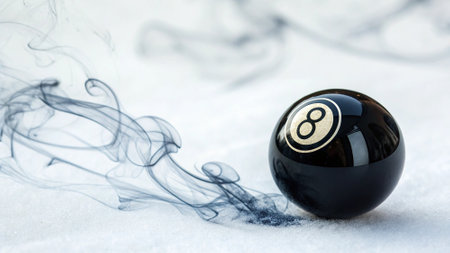 Black billiard ball with number eight on a white background with smoke