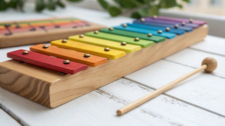 Wooden xylophone on a white wooden table, close upの写真素材