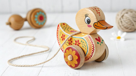 Wooden toy duck on a white wooden background. Copy space.の写真素材