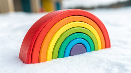 Colorful wooden rainbow on snow background, close-up, selective focusの写真素材