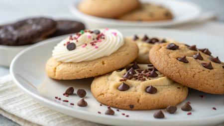 Chocolate chip cookies on a white plate with chocolate chip cookies.