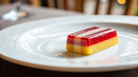 Fruit jelly in a white plate on a table in a restaurant