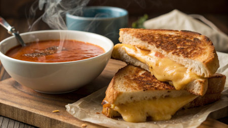 Delicious sandwich with cheese and tomato sauce on a wooden table.の写真素材