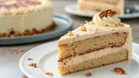 Piece of cake with cream and nuts on a white plate.