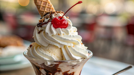 ice cream sundae with whipped cream and cherry in glass on table