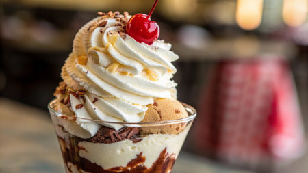 Chocolate sundae with whipped cream, cherry and chocolate chips.