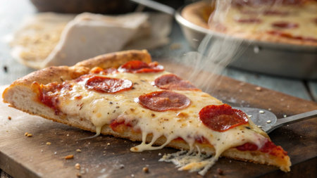 Pizza with pepperoni and mozzarella cheese on wooden boardの写真素材