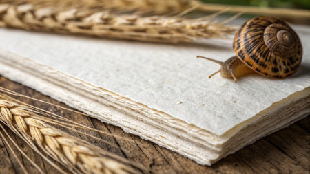 Snail on old book and wheat ears on wooden table background.の写真素材