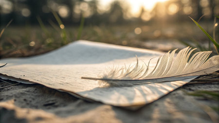 feather and old book on the grass at sunset, soft focusの写真素材