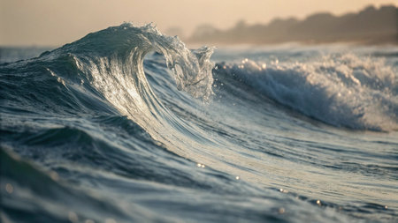 Beautiful ocean wave breaking on the beach at sunset. Soft focus.