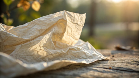 Crumpled paper on wooden table in the park. Selective focus.の写真素材